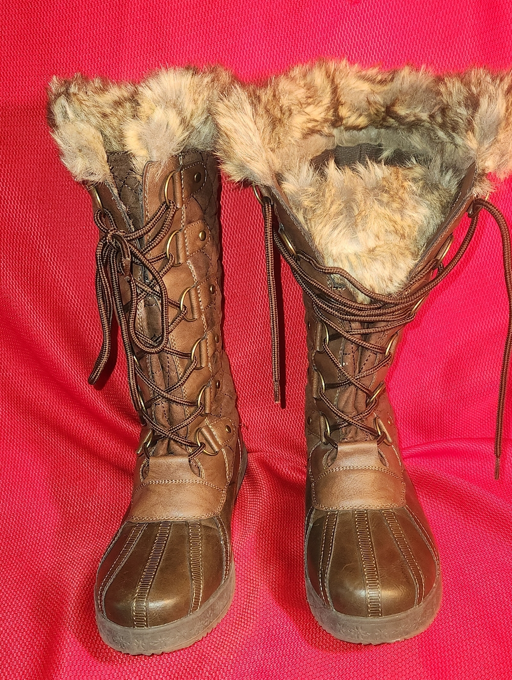 JustFab Brown Lace-Up Fur-Trim Winter Boots